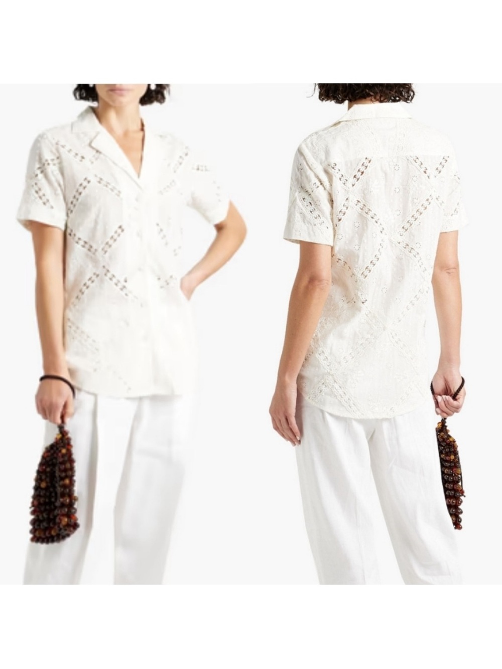 Hermant & Nandita White Eyelet Lace Button-Front Short Sleeve Top M - Picture 6 of 6